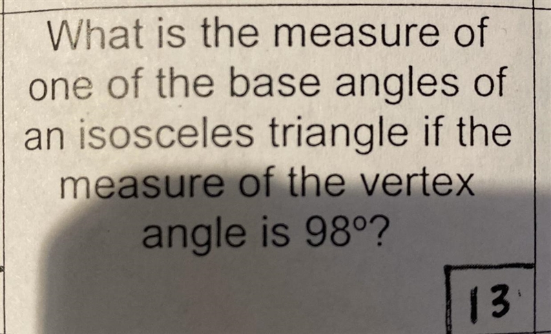 What is the measure of one of the base angles of your saucily triangle if the measure-example-1