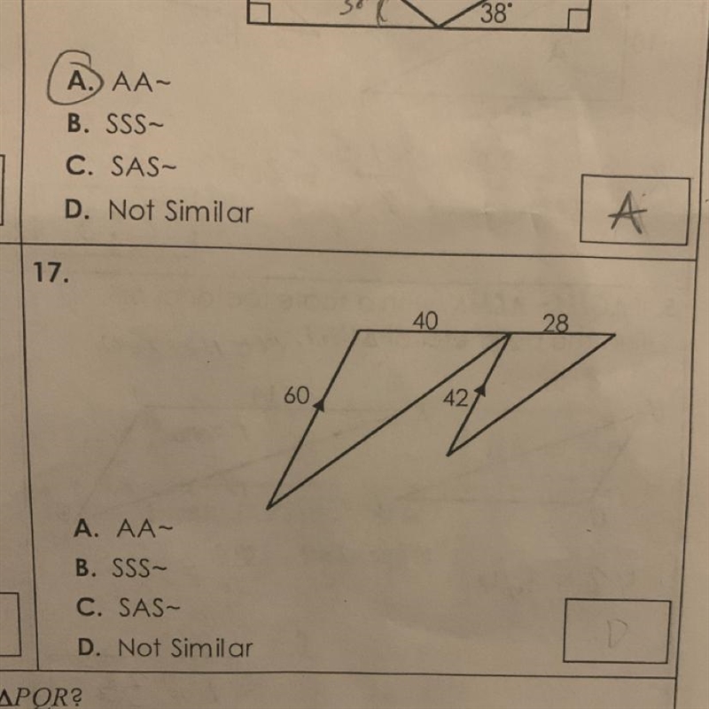 40 28 60 42 A. AA- B. SSS- C. SAS- D. Not Similar I need help I can’t figure this-example-1