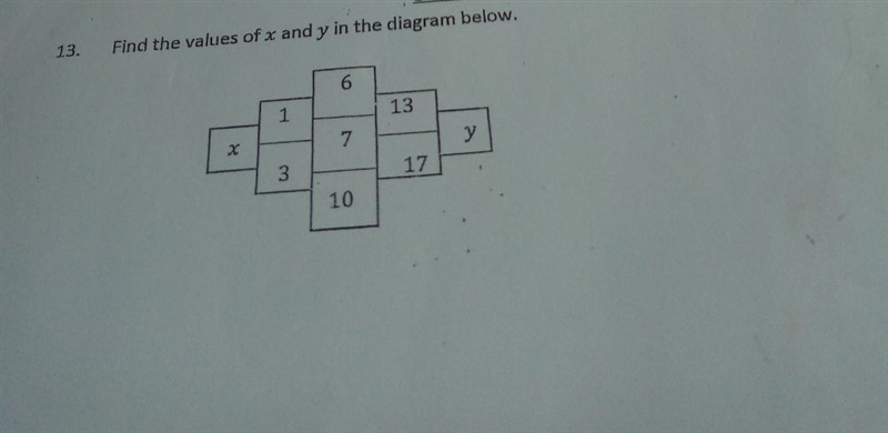 13. Find the values of x and y in the diagram below. א 9 13 7 y 3 10 17-example-1