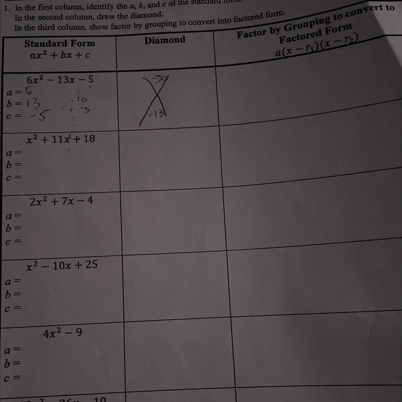 Diamond factor and factor by grouping to factored form a(x-r1)(x-r2)6x2-13x-5-example-1