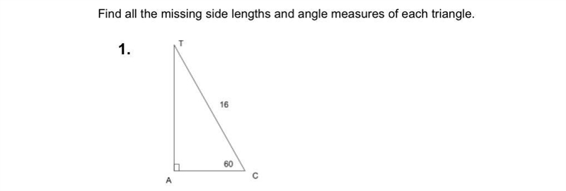 Fine all the missing side lengths and angle measured of each triangle.-example-1