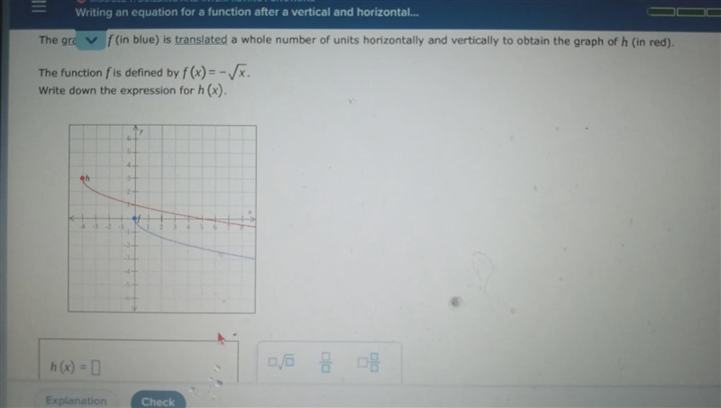 The graph of f (in blue) is translated a whole number of units horizontally and vertically-example-1