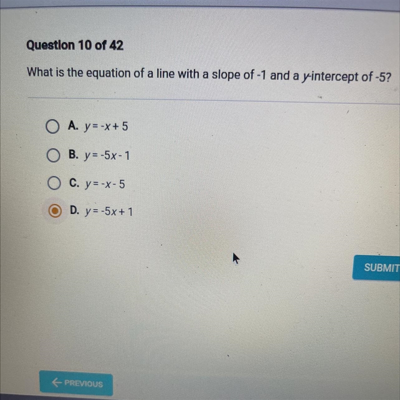 What is the equation of a line with a slope of -1 and a y-intercept of -5?-example-1