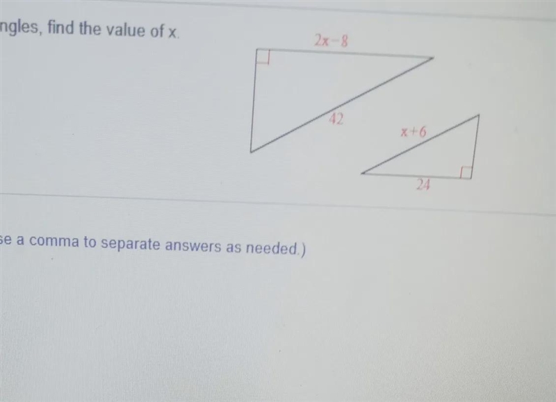 For the pair of similar triangles , find the value of x . The value of x is _ (simplify-example-1