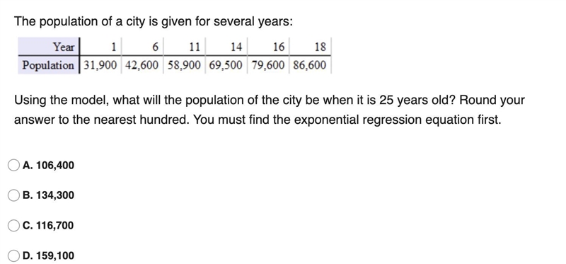 4: Using the model, what will the population of the city be when it is 25 years old-example-1