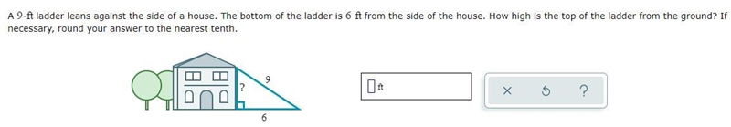 A 9 ft. ladder leans against the side of a house. The bottom of the ladder is 6 ft-example-1