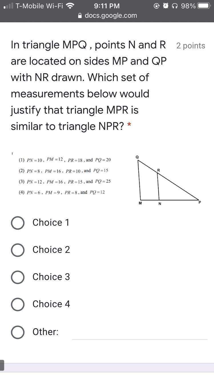 In triangle MPQ , points N and R are located on sides MP and QP with NR drawn. Which-example-1