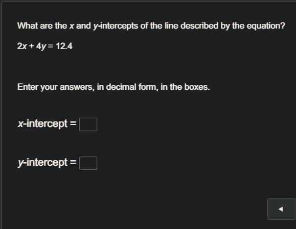 What are the x and y-intercepts of the line described by the equation?2x + 4y = 12.4x-example-1