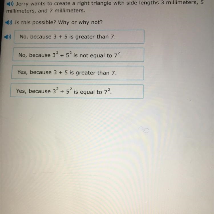 Jerry wants to create a right triangle with side lengths 3 millimeters, 5millimeters-example-1