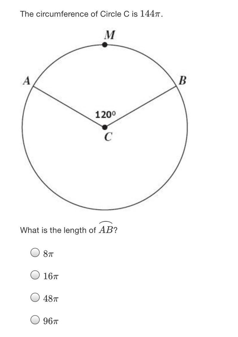 The circumference of Circle C is 1447.MAB1200СWhat is the length of AB?87167487967-example-2