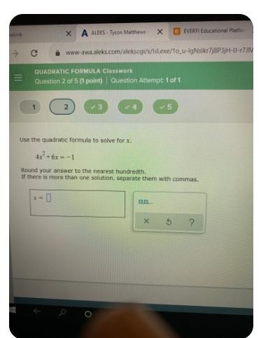 Use the quadratic formula to solve for x.42 + 6x=- 1Round your answer to the nearest-example-1