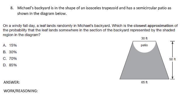 Michael’s backyard is in the shape of an isosceles trapezoid and has a semicircular-example-1