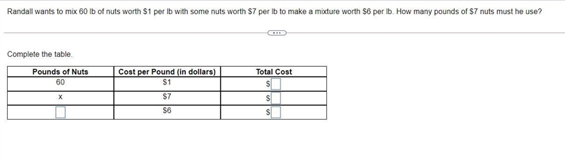 Randall wants to mix 60lb of nuts worth 1$ per lb with some nuts worth 7$ per lb to-example-1