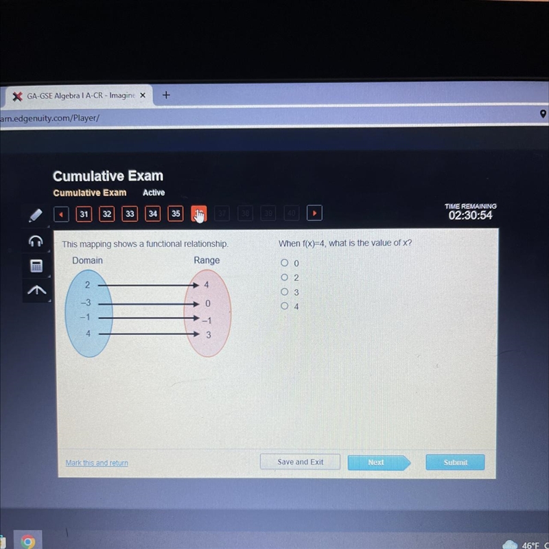 HURRY PLS!!!! this mapping shows a functional relationship. When f(x)=4, what is the-example-1