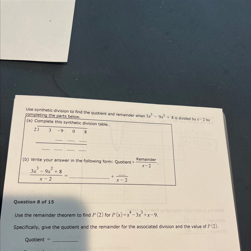 Use synthetic division to find the quotient and remainder when 3x³9x² + 8 is divided-example-1