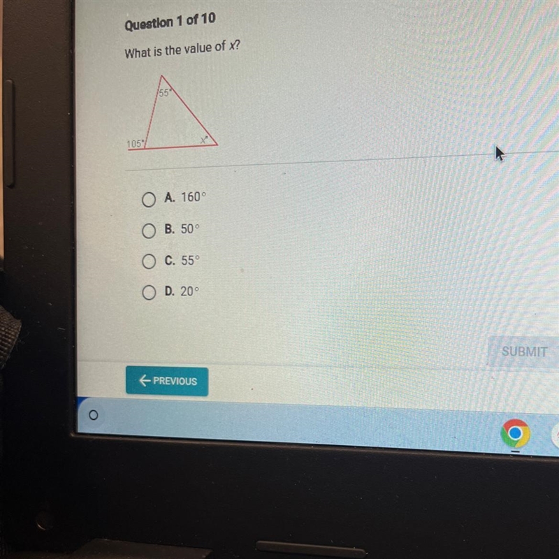 Question 1 of 10 What is the value of x ? A. 160° B. 50° C. 55° D. 20°-example-1