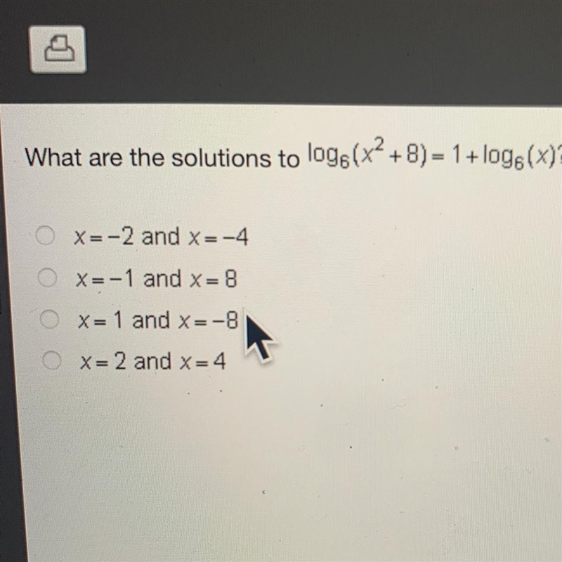 What are the solutions to ^log6(x^2+8)=1+log6(x)-example-1