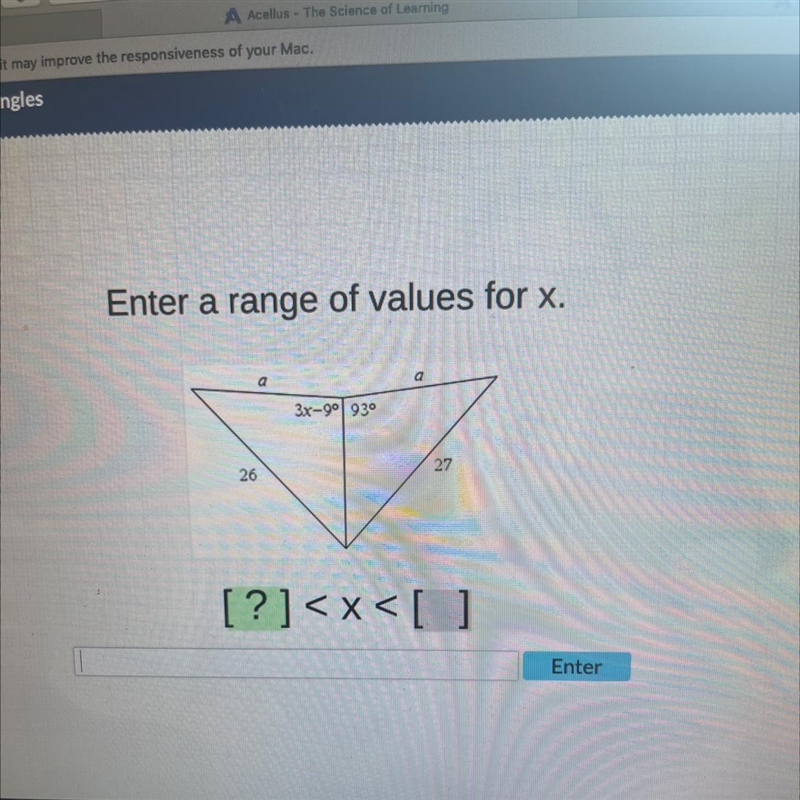 Use the picture shown inequalities in a two triangle. Enter a range of values for-example-1