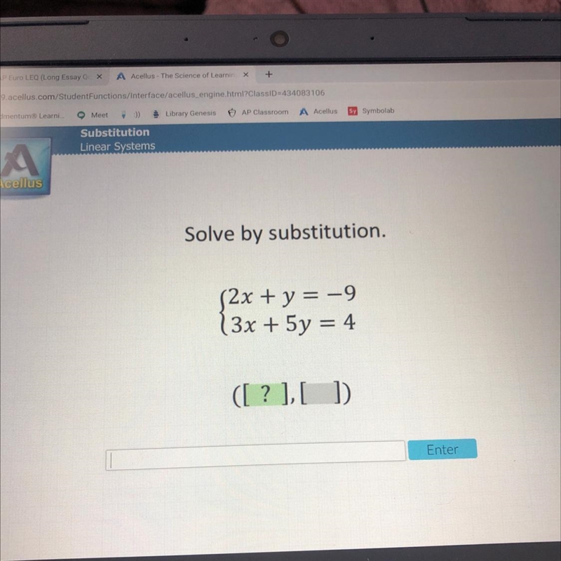 Solve by substitution.2x + y = -9(3x + 5y = 4([?],[])-example-1