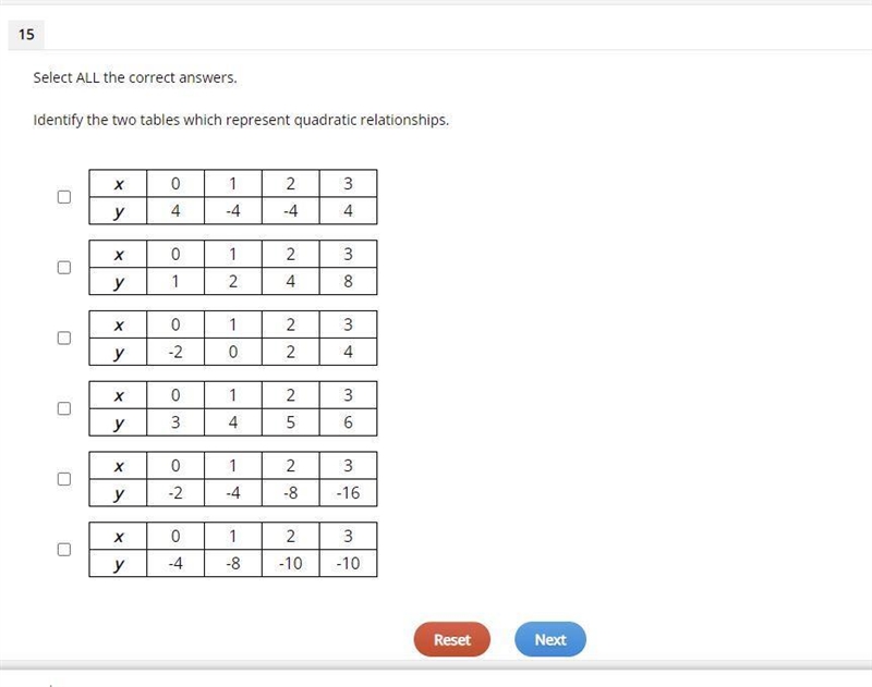 15Select ALL the correct answers.Identify the two tables which represent quadratic-example-1