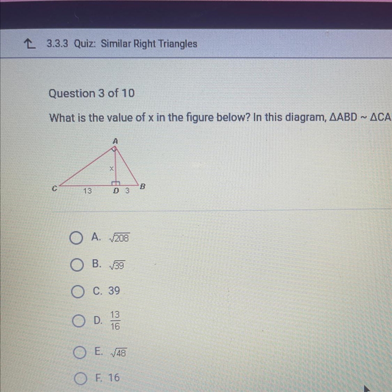 What is the value of x in the figure below? In this diagram ABD ~ CAD-example-1