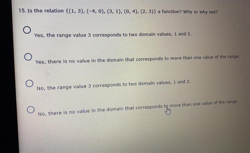 Is it a relation {(1,3), (-4, 0), (3, 1), (0, 4), (2, 3)} a function? why or why not-example-1