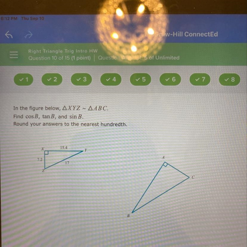 In the figure XYZ ~ ABC.Find cosB, tanB, and sinB.Round your answers to the nearest-example-1