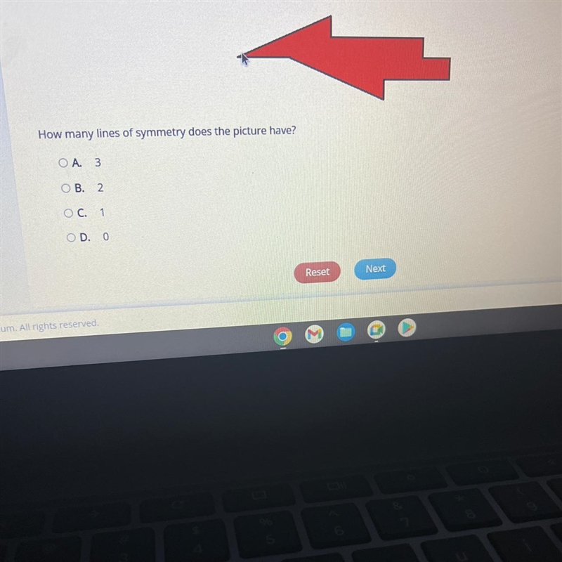 How many lines of symmetry does the picture have? A. 3 B. 2 C. 1 D. 0-example-1