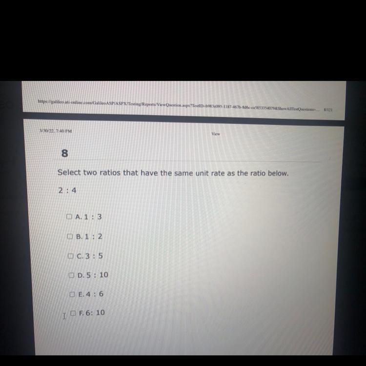 Select two ratios that have the same unit rate as 2:4 A. 1:3 B. 1:2 C. 3:5 D. 5:10 E-example-1