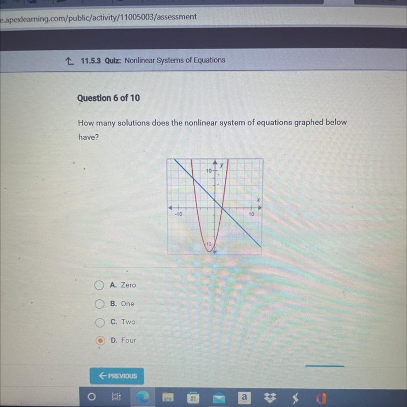 How many solutions does the nonlinear system of equations graphed below have? A. Zero-example-1