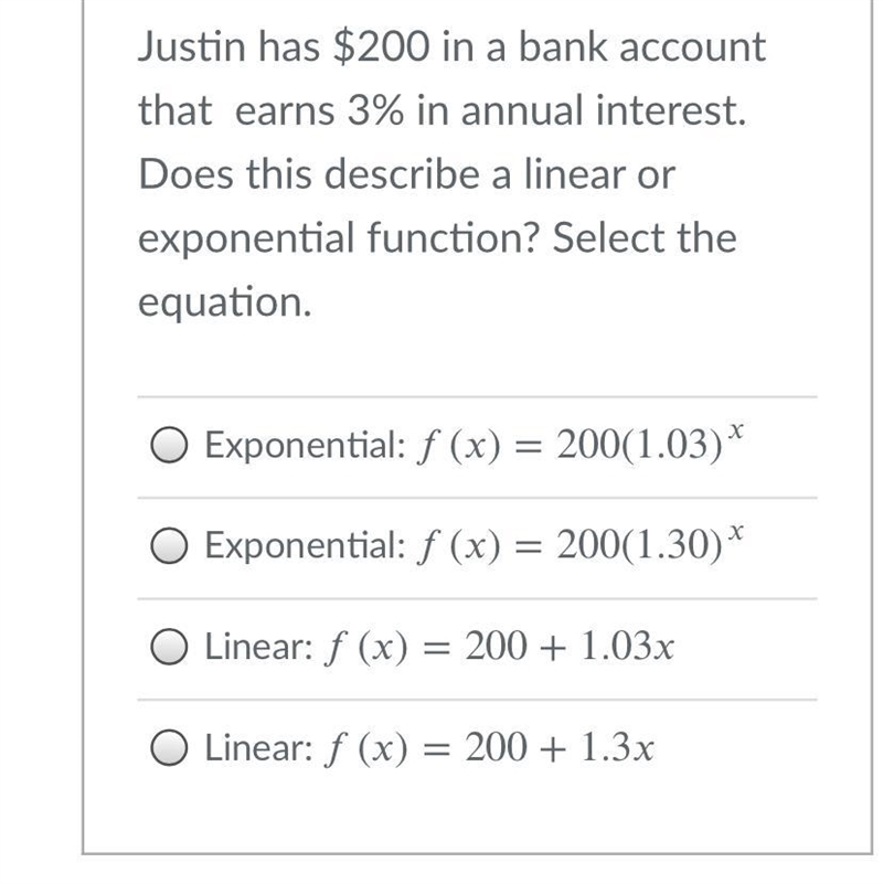 Justin has $200 in a bank account that earns 3% in annual interest. Does this describe-example-1