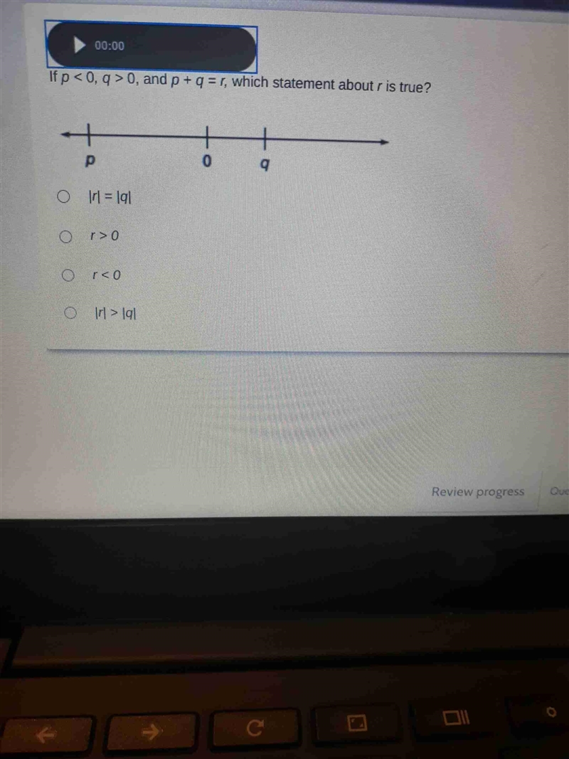 00:00 If p < 0,9 > 0, and p + 9 = r, which statement about r is true? + 0 + р-example-1