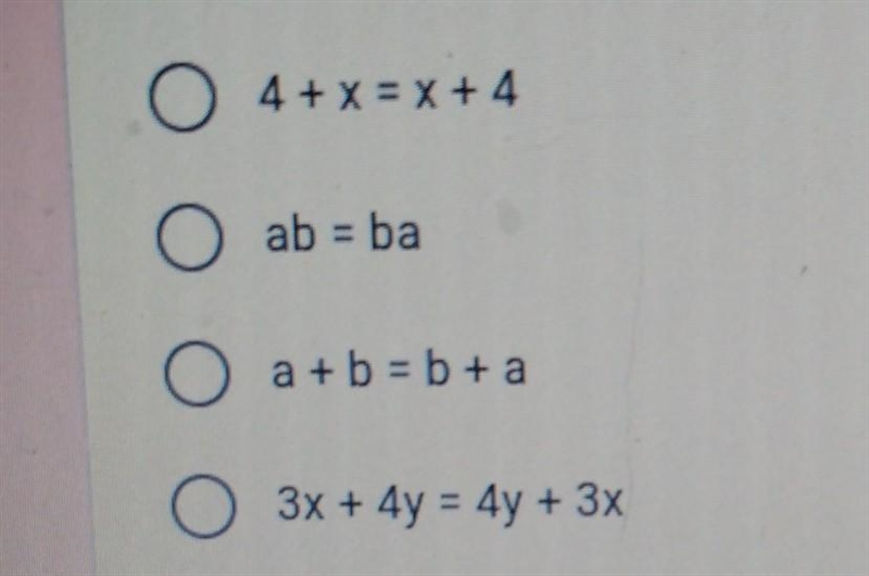 Which example does NOT show the commutative property of addition? pls help me-example-1