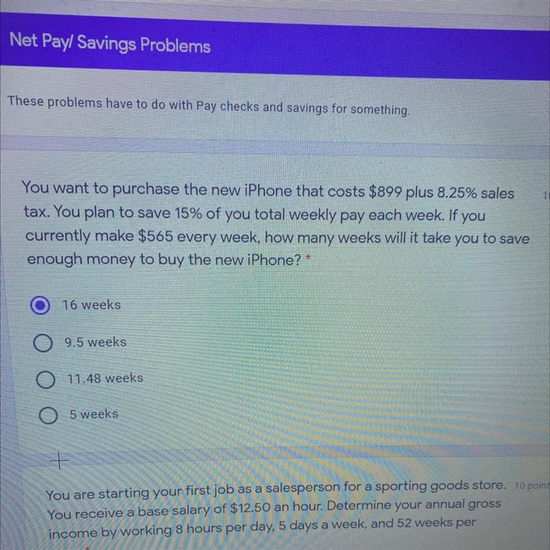 How many weeks will it take you to save enough money to buy the new iphone?-example-1