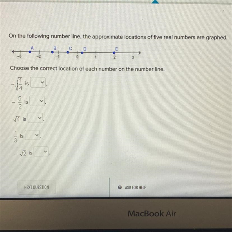 On the following number, the approximate locations of five real numbers are graphed-example-1