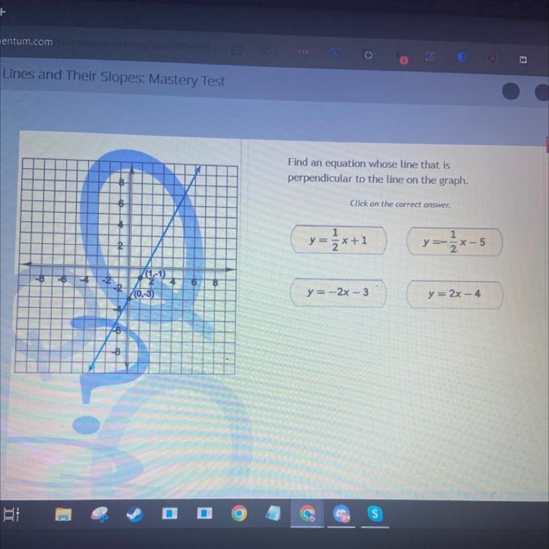 Find an equation whose line that is perpendicular to the Line on the graph-example-1