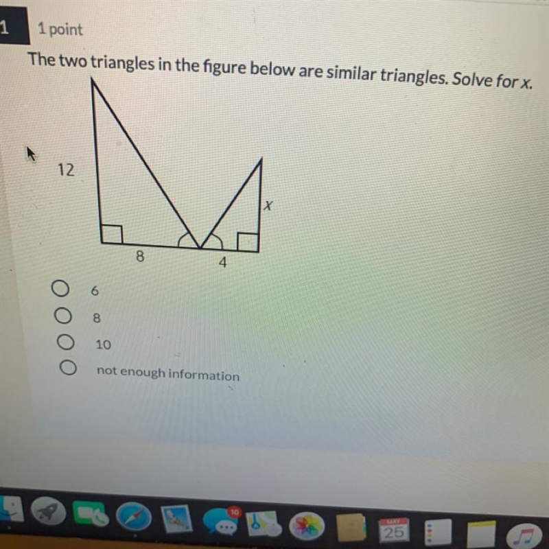 The two triangles in the figure below are similar triangles. Solve for x.128846O 810O-example-1