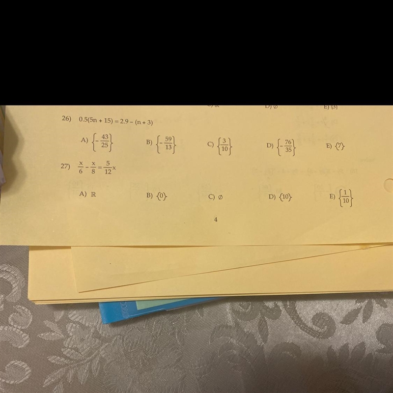 Number 27) X/6 - x/8 = 5/12 A. R (All real numbers) B. 0 C. No solution (false statement-example-1