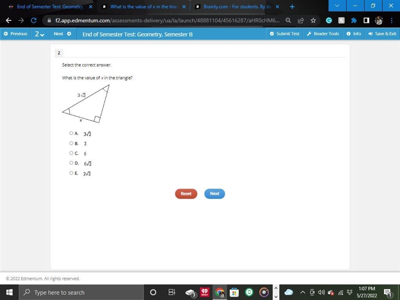 What is the value of x in the triangle?a right triangle with a short leg of length-example-1