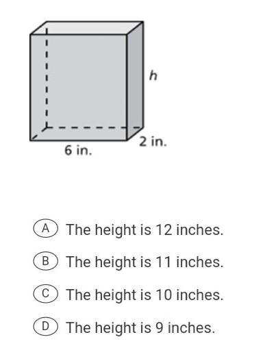 The rectangular has a volume of 108 cubic inches. Find the height of the prism.-example-1