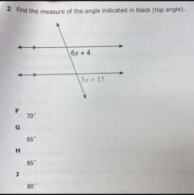 PLEASE HELP!!! Find the measure of the angle indicated in black (top angle). 6x+4 F-example-1