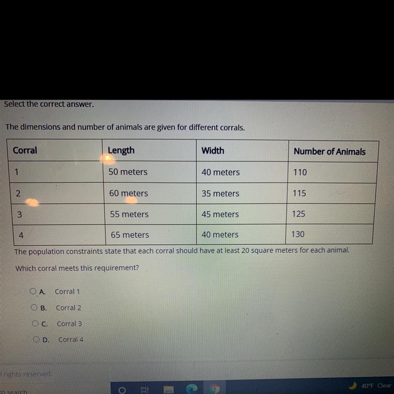 The dimensions and number of animals are given for different corrals-example-1