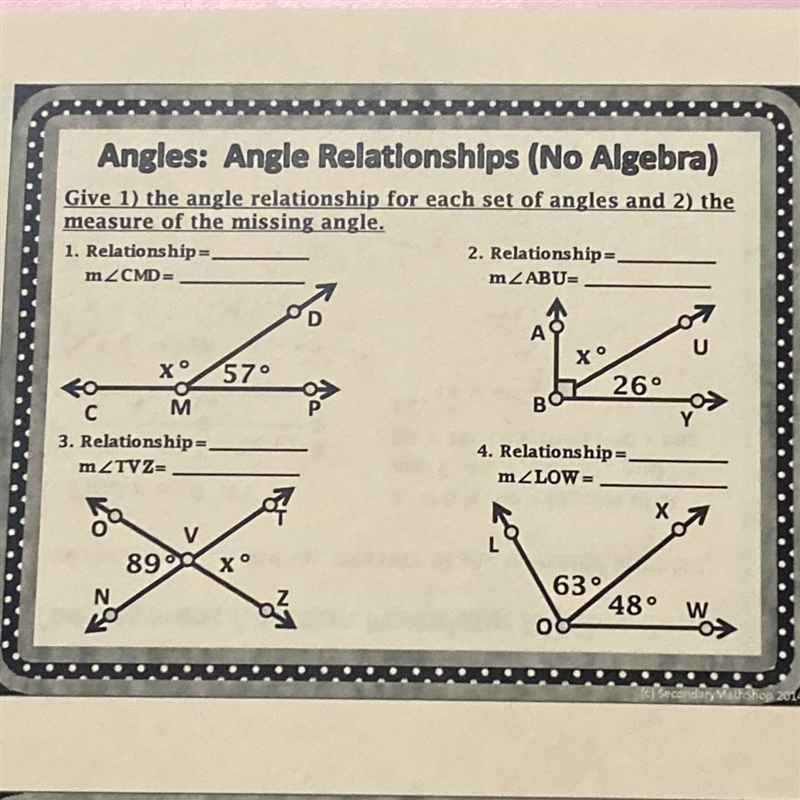 Give 1) the angle relationship for each set of angles and 2) themeasure of the missing-example-1