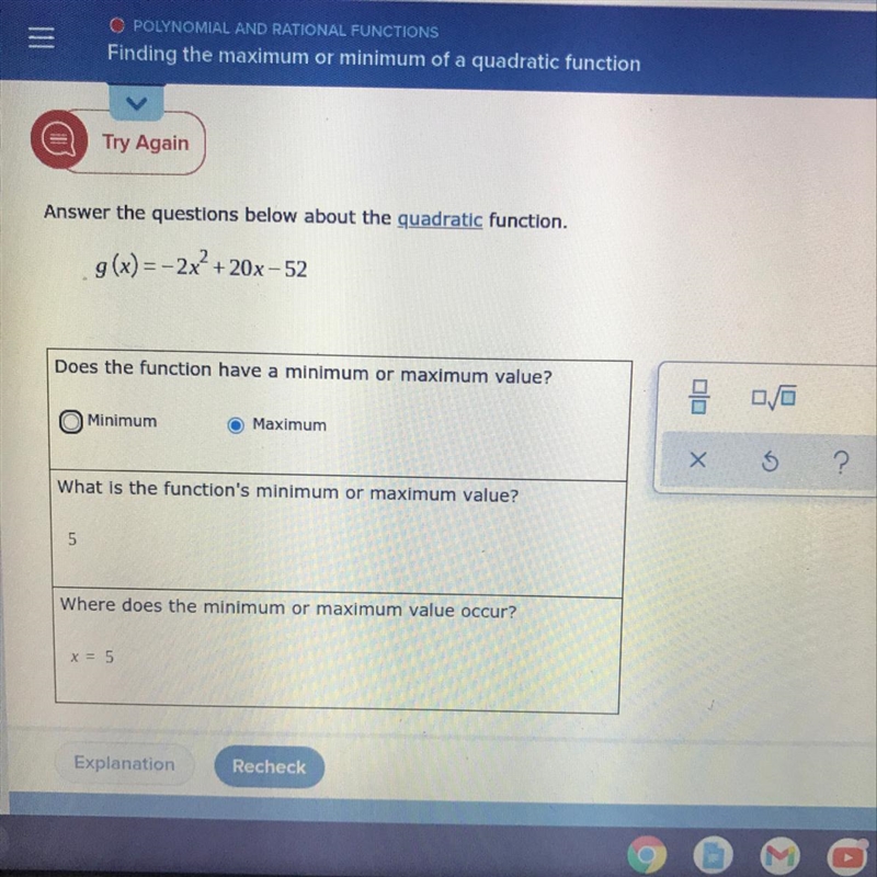 Answer the questions below about the quadratic function.g(x) = 2x² + 20x - 52Does-example-1