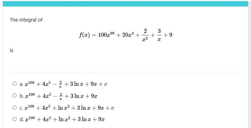 The integral of f(x)=100x^99+20x^4+2/x^2+3/x+9 is-example-1