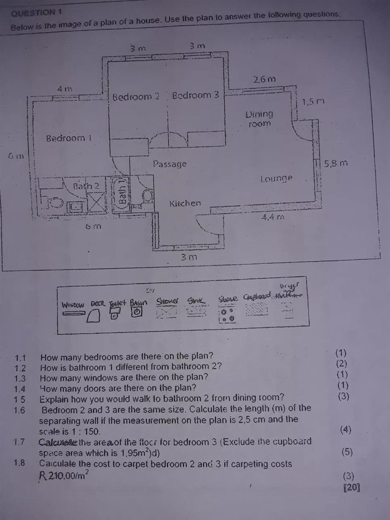 QUESTION 1 Below is the image of a plan of a house. Use the plan to answer the following-example-1