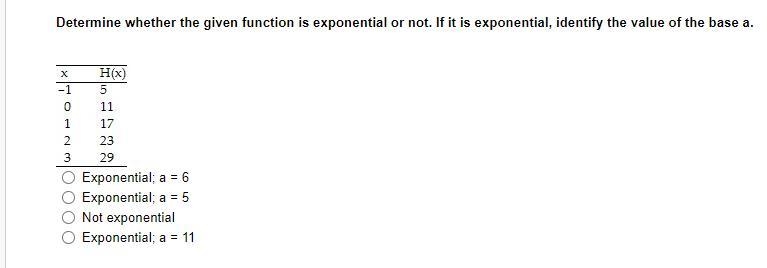 Determine whether the given function is exponential or not. If it is exponential, identify-example-1