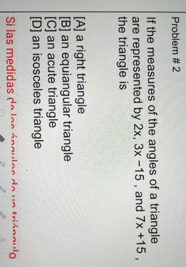 if the measure of the angles of a triangle are represented by 2x, 3x - 15 , and 7x-example-1