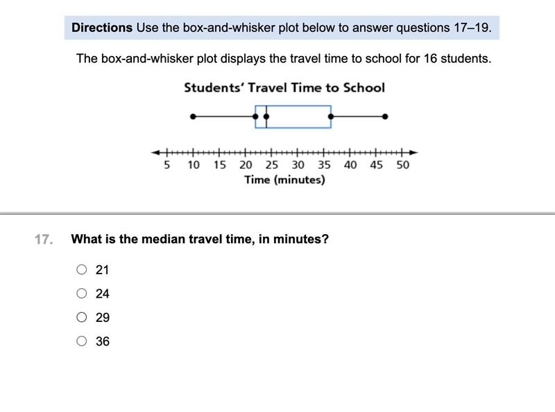 Please finish this super fastWhat is the median travel time, in minutes? 21 24 29 36-example-1