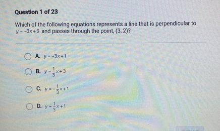 Which of the following equations represents a line that is perpendicular toy=-3x+6 and-example-1